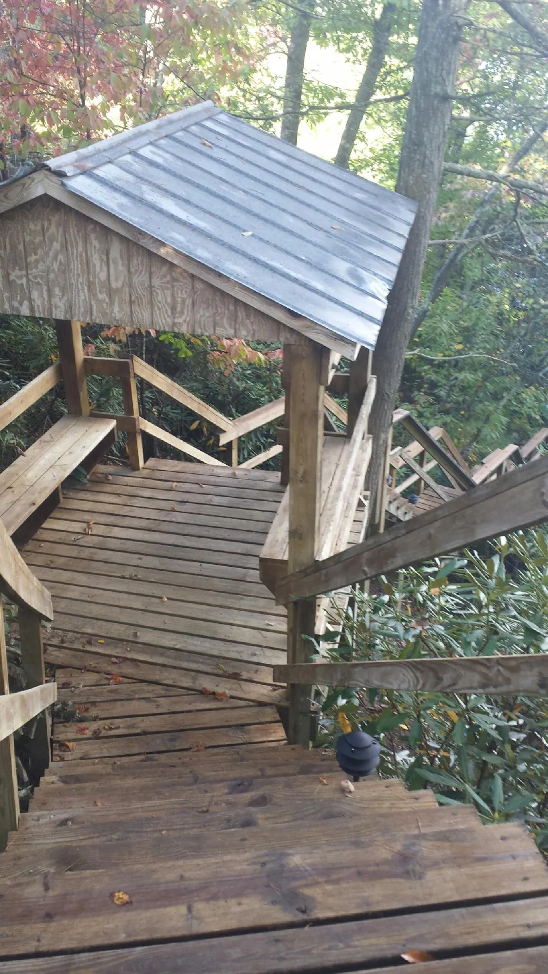 Metal roofed shelter over wooden steps on a wooded walkway — Skylight Repair & Installation work by our crew in Hemlock